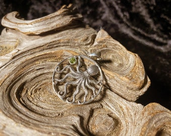 Goddess Designs / Detailed Octopus with Peridot Sterling Silver Pendant