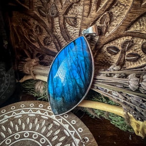 Precious Treasures / Spectrolite Sterling Silver Marquise Statement Pendant