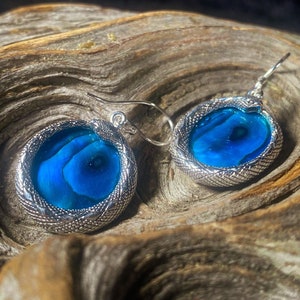 Goddess Designs / Detailed Ouroboros Snake with Blue Abalone Sterling Silver Earrings