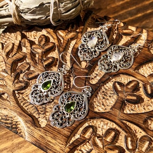 Moonstone Sterling Silver Lace Filigree Earrings / Peridot Sterling Silver Lace Filigree Earrings / Moonstone Earrings / Peridot Earrings