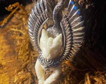 Goddess Designs / Hand Carved Ox Bone Bast God Detailed Sterling Silver Wings Statement Pendant