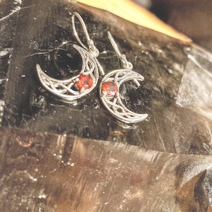 Goddess Designs / Detailed Celtic Crescent Moon Garnet Sterling Silver Earrings / Garnet Moons / Moon Earrings