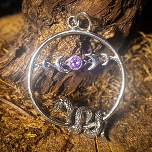Goddess Designs / Detailed Snake with Amethyst Moon Phase Sterling Silver Pendant