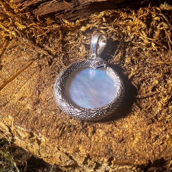 Goddess Designs / Detailed Ouroboros Snake with Mother of Pearl Sterling Silver Pendant