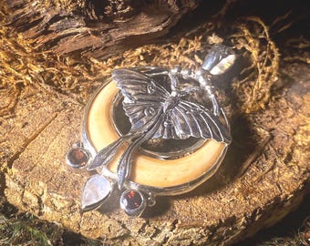 Goddess Designs / Detailed Lunar Moth with Ox Bone Crescent Moon Almandine Garnet and Rainbow Moonstone Sterling Silver Statement Pendant