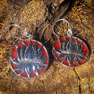 Goddess Designs / Detailed Lotus with Red Coral Sterling Silver Earrings