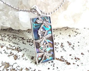 Goddess Designs / Detailed Flying Dragonflies with Natural Abalone Shell Solid Sterling Silver Rectangle Pendant