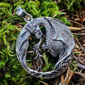 Goddess Designs / Detailed Fire Breathing Dragon Sterling Silver Circle Pendant