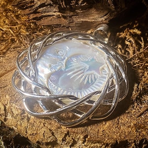 Goddess Designs / Hand Etched Crescent Moon and Shining Star Mother of Pearl Sterling Silver Statement Pendant