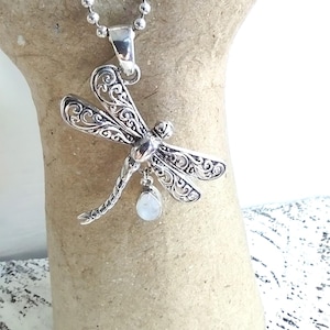 Detailed Dragonfly with Rainbow Moonstone Teardrop Pendant - Goddess Designs - Solid Sterling Silver Pendant