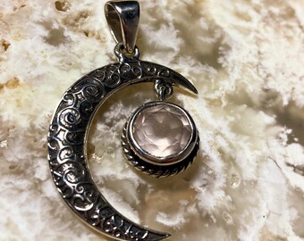 Precious Treasures / Faceted Rose Quartz Sterling Silver Crescent Moon Pendant