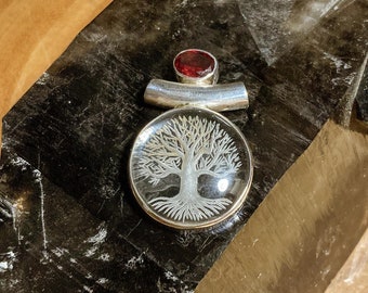 Hand Etched Tree of Life in Quartz with Garnet Sterling Silver Pendant