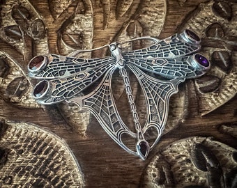 Terra Stones / Exclusive Art Nouveau Dragonfly with Garnet Sterling Silver Pendant