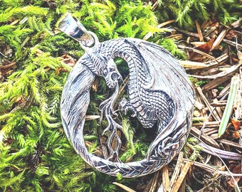 Goddess Designs / Detailed Fire Breathing Dragon - Solid Sterling Silver Circle Pendant