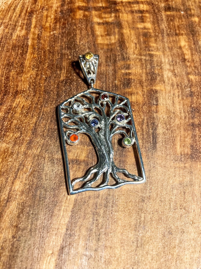 Goddess Designs Detailed Tree of Life Sterling Silver Pendant with Chakra Alignment Stones and Sun Bail