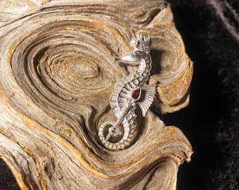 Goddess Designs / Detailed Royal Seahorse with Garnet Scepter and Pearl Crown Sterling Silver Statement Pendant