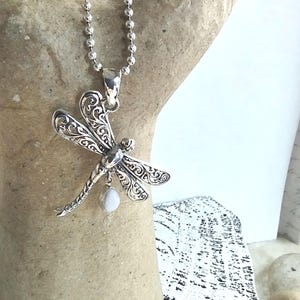 Detailed Dragonfly Pendant with Lab Created Opal Teardrop - Goddess Designs - Solid Sterling Silver Pendant