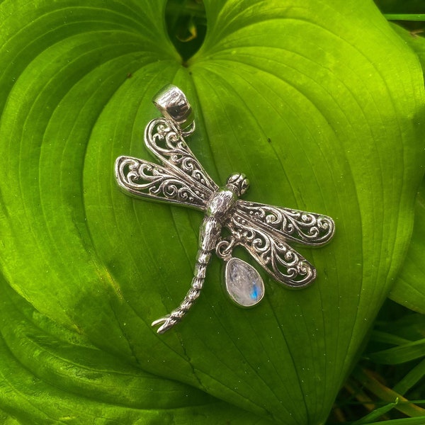 Goddess Designs / Detailed Dragonfly with Rainbow Moonstone Teardrop Sterling Silver Pendant