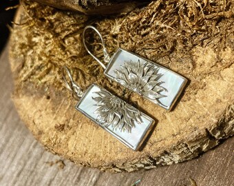 Goddess Designs / Detailed Sunflowers with Mother of Pearl Sterling Silver Earrings