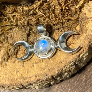 Goddess Designs / Rainbow Moonstone Triple Moon Sterling Silver Pendant