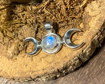 Goddess Designs / Rainbow Moonstone Triple Moon Sterling Silver Pendant