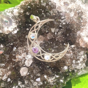 Goddess Designs / Detailed Celtic Crescent Moon with Rainbow Moonstone and Amethyst Sterling Silver Pendant