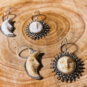 Goddess Designs / Hand Carved Ox Bone Sun and Moon Eclipse Sterling Silver Earrings