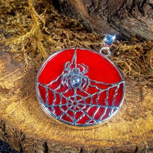 Goddess Designs / Detailed Webbing Spider with Red Coral Sterling Silver Pendant