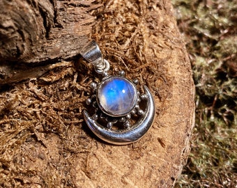 Precious Treasures / Rainbow Moonstone Moon Goddess Sterling Silver Pendant