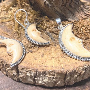 Goddess Designs / Detailed Hand Carved Bone Crescent Moon Sterling Silver Jewelry Set
