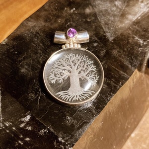 Hand Etched Tree of Life in Quartz with Amethyst Sterling Silver Pendant