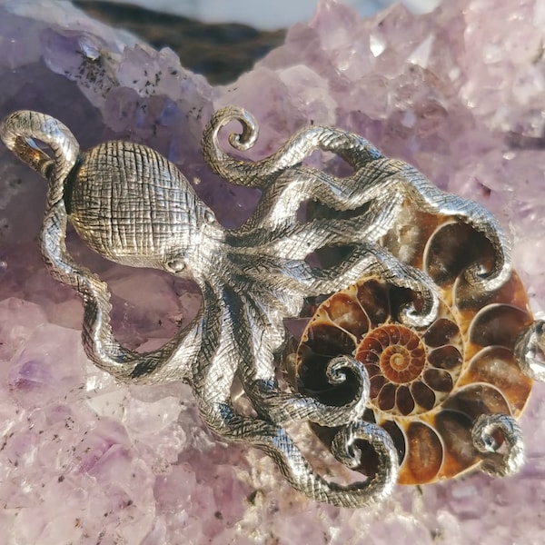 Goddess Designs / Ammonite Fossil and Sterling Silver Octopus Kraken Pendant