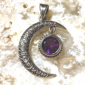 Precious Treasures / Faceted Amethyst Crescent Moon Solid Sterling Silver Pendant