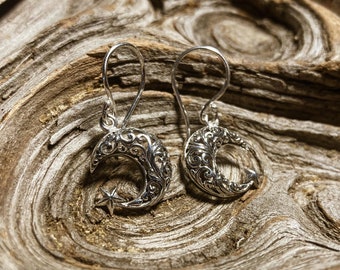 Goddess Designs / Detailed Moon and Star Sterling Silver Earrings