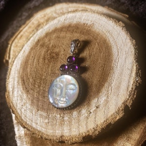 Ingapani / Hand Carved Mother of Pearl Moon and Triple Amethyst Sterling Silver Pendant