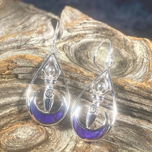 Goddess Designs / Detailed Moon Goddess with Purple Abalone Crescent Moon Sterling Silver Earrings