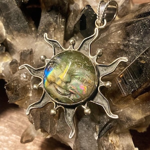 Ingapani / Hand Carved Rainbow Labradorite Sun Sterling Silver Statement Pendant