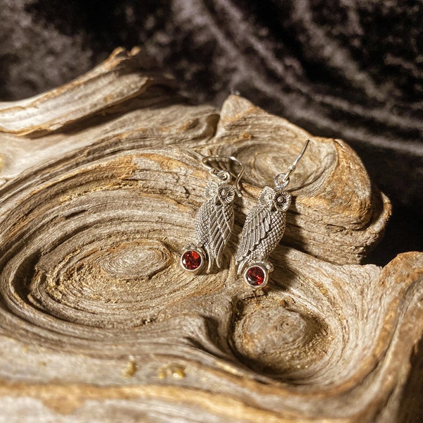 Goddess Designs / Detailed Owls with Faceted Almandine Garnet Sterling Silver Earrings