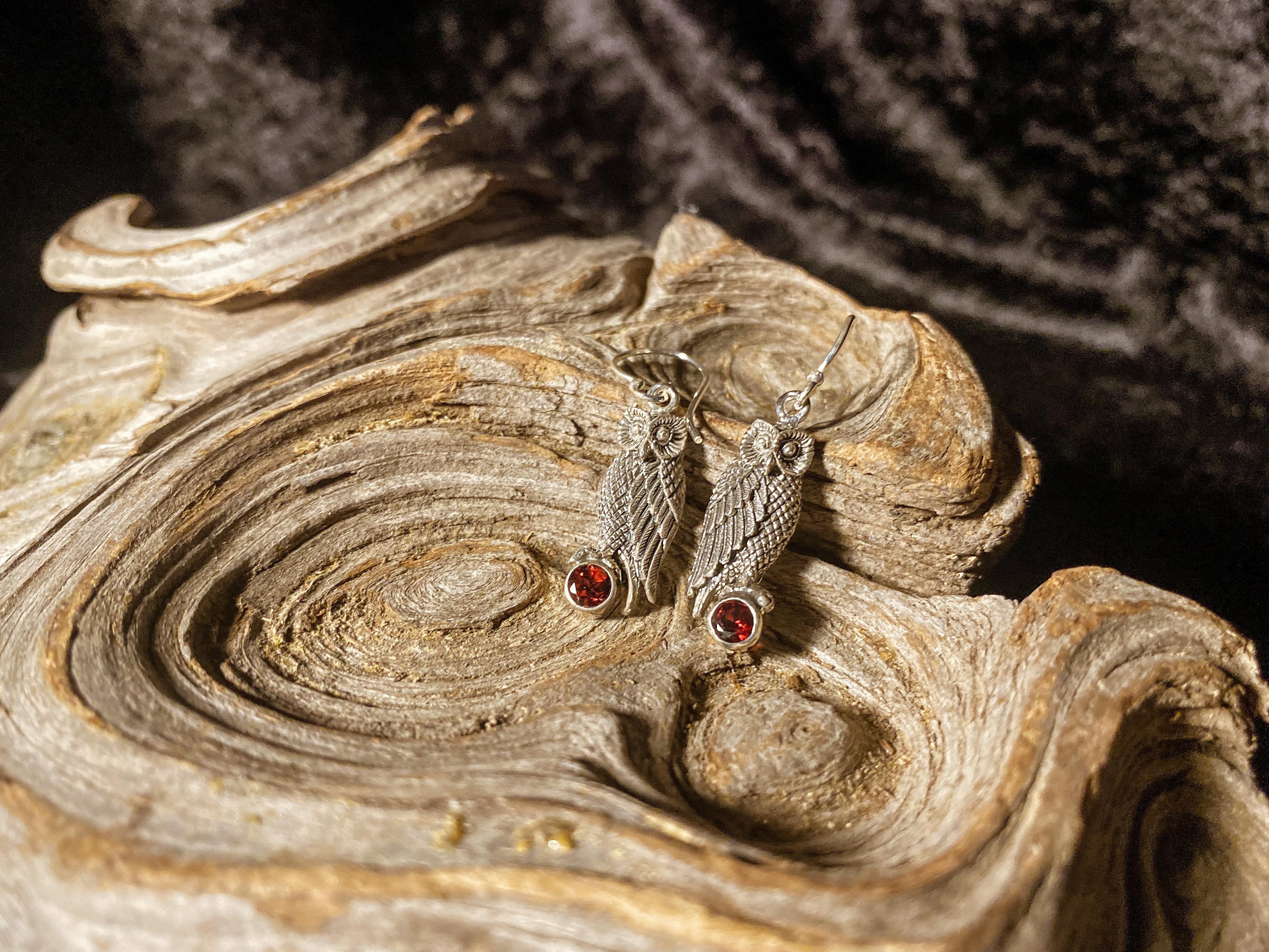 Goddess Designs / Detailed Owls with Faceted Almandine Garnet Sterling Silver Earrings