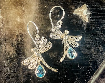 Goddess Designs / Detailed Dragonflies with Blue Topaz Sterling Silver Earrings