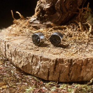Precious Treasures / Black Tourmaline Natural Rough Stone Sterling Silver Stud Earrings