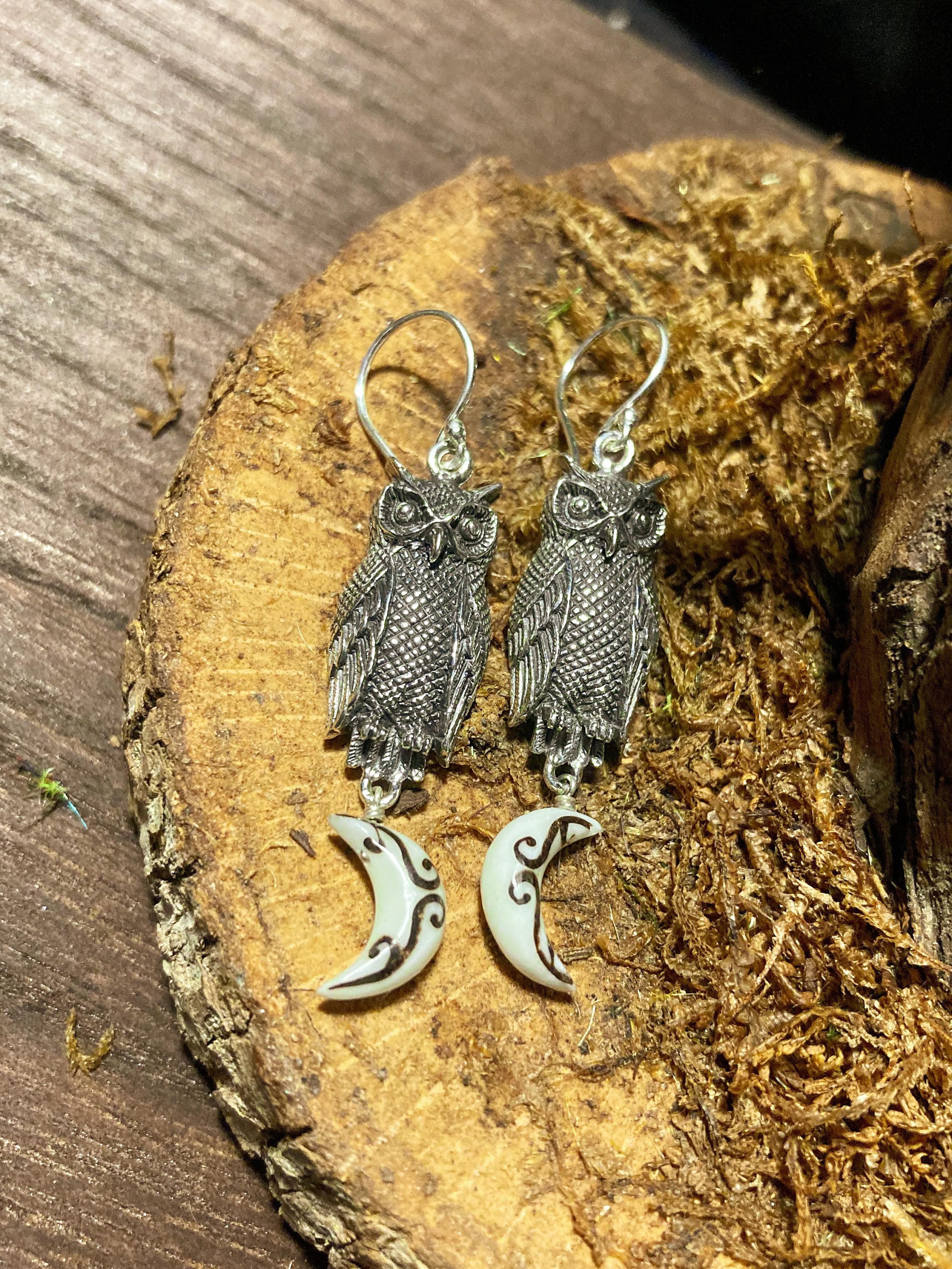 Goddess Designs / Details Owls with Celtic Swirl Bone Moon Dangle Sterling Silver Earrings