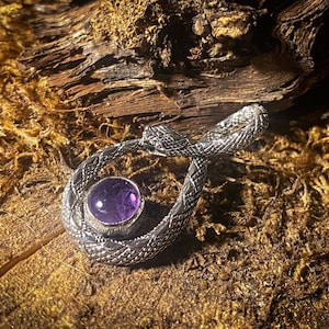 Goddess Designs / Detailed Ouroboros Infinity Snake with Amethyst Sterling Silver Pendant