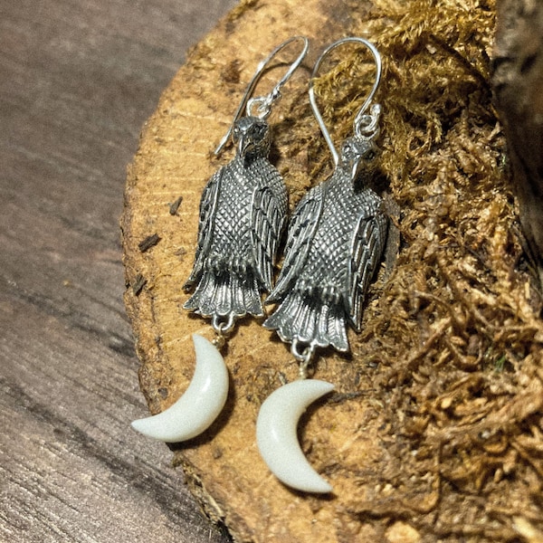 Goddess Designs / Detailed Raven with White Ox Bone Moon Sterling Silver Earrings