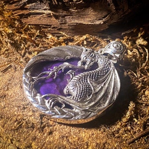 Goddess Designs / Detailed Fire Breathing Dragon over Purple Abalone Shell Sterling Silver Circle Pendant