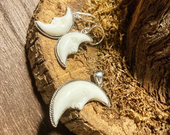 Diseños de Diosa / Conjunto de joyería de plata de ley con hueso tallado a mano (se vende por separado)