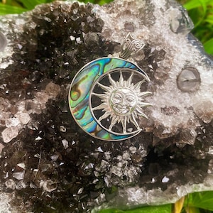 Goddess Designs / Detailed Solar Eclipse Abalone Crescent Moon Sterling Silver Pendant