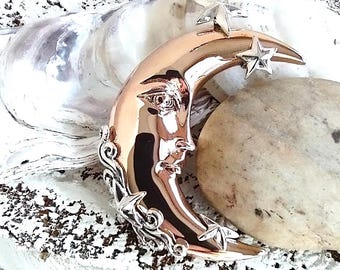 Colgante de luna creciente de bronce y plata de ley - Diseños de diosa - Con estrellas y volutas - Colgante de plata de ley maciza con detalles