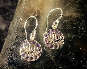 Goddess Designs / Detailed Lotus Flower with Purple Abalone Shell Sterling Silver Dainty Earrings