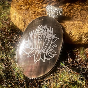Ingapani / Hand Etched Lotus on Black Mother of Pearl Sterling Silver Statement Pendant